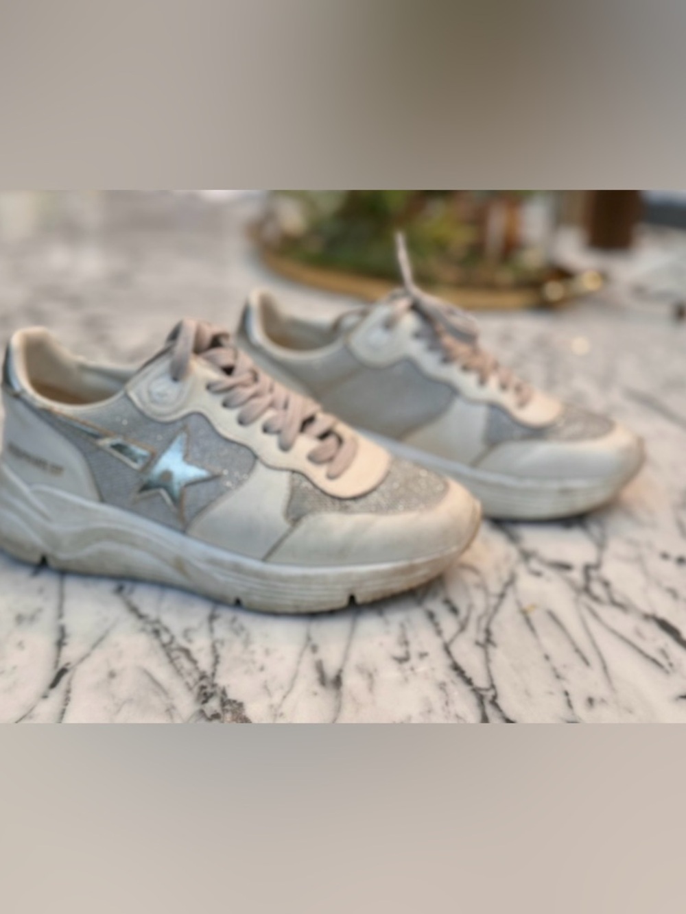 Golden Goose White and Silver Glitter Low-Top Sneakers